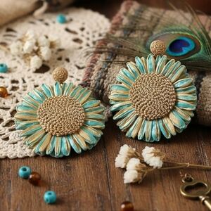 Handwoven Raffia Sunflower Statement Earrings Boho Tan Blue Stainless Steel